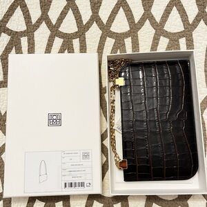 TOTEME- Black Croc Embossed Clutch with Gold Chain